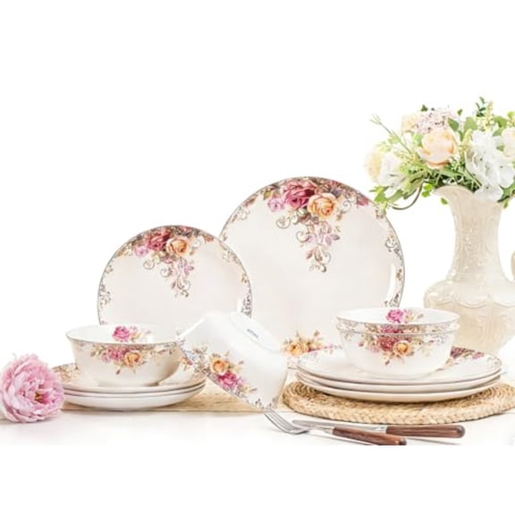 Dinnerware Sets Plates Set with Bowls Artistic 12-Piece Ceramic Dinnerware for Home Restaurant Chip and Scratch Resistant Microwave and Dishwasher Safe Rose Collection