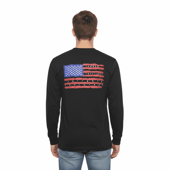 Men’s American Flag Heavyweight Long Sleeve T-Shirt – 100% Cotton Loose Fit Black Workwear Crew Neck Tee