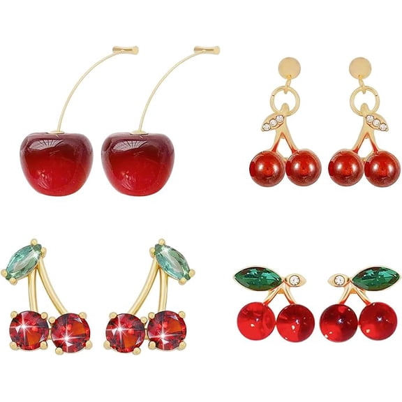 Coiris 4pcs Cherry Earrings for Women Cute Fun Fruit Charm 18k Gold Plated Vintage 3D Crystal Leaf Dangle Drop Stud Earrings Set Jewelry Gift for Women