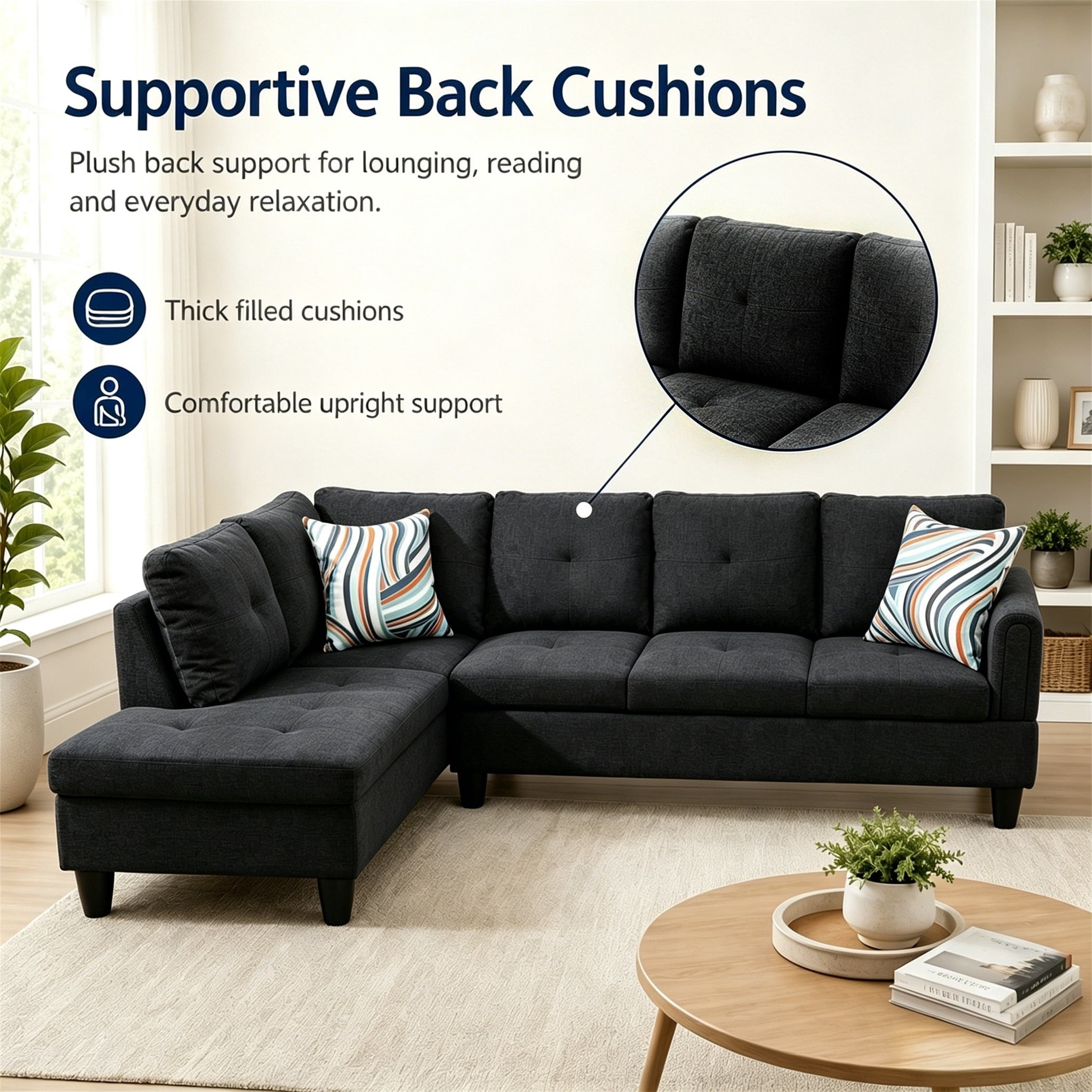 Aukfa 97" Classic Sectional Sofa 4 Seat L shape Couch with Oversized Left Chaise for Living Room, 2Pillows, Linen, Black Gray