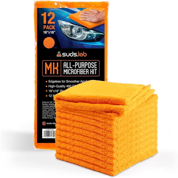 Suds Lab Premium Microfiber Towels for Car Detailing, Cleaning, Washing, Polishing - 16"x16" Ultra-Soft, Edgeless, Scratch-Free Cloth, Dual-Weave, Pack of 12