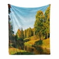 thumbnail image 1 of Landscape Soft Flannel Fleece Blanket, Scenery View Natural Forest Park with Trees and River Photo Image, Cozy Plush for Indoor and Outdoor Use, 70" x 90", Marigold and Olive Green, by Ambesonne, 1 of 6