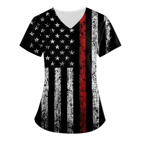 

Sksloeg Women s Scrub Tops American Flag Print Patriotic Top Comfortable Easy Workwear V-Neck Short Sleeve Scrub Top with Pockets Red XXL