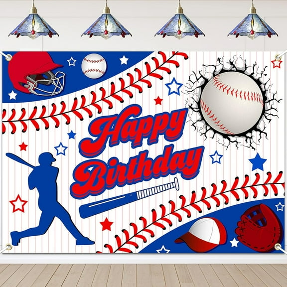Baseball Birthday Backdrop Banner, Happy Sports Theme Party Decoration and Photo Background for Boys Teens, Red Blue White Wall Display
