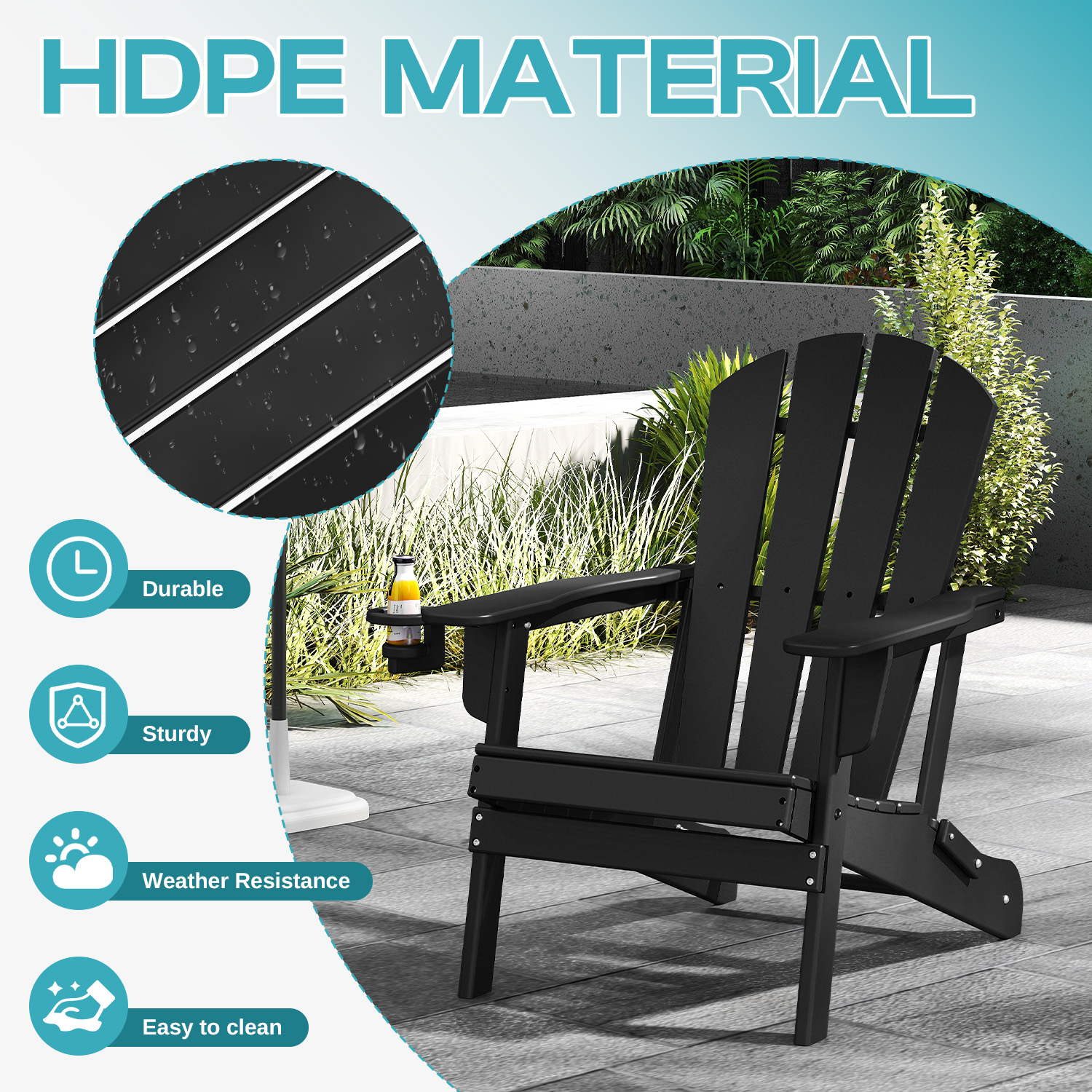 FODINGHILL Folding Adirondack Chair,HDPE All Weather Fire Pit Chair,Outdoor Plastic Chair for Patio Porch Garden,Black