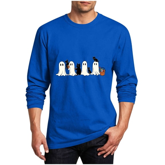 ThriftyPlait Halloween T-Shirt for Men Plus Size Long Sleeve Tops Trendy Crewneck Funny Print Shirts Holiday Graphic Tee for Daily