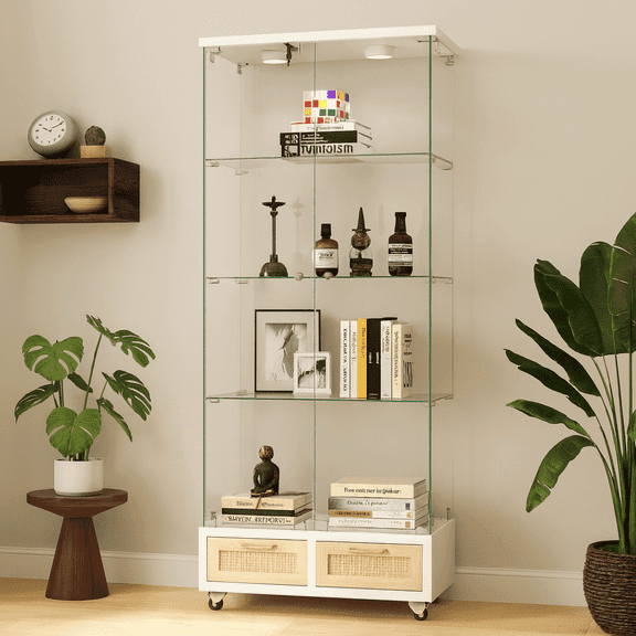 Modern Glass Display Cabinet with Large Drawers,Quick-assembly Antique Cabinet with LED lights,empered Glass Bookshelf,2-Door Storage Case with 4 Shelves for Living Room and Bedroom,white