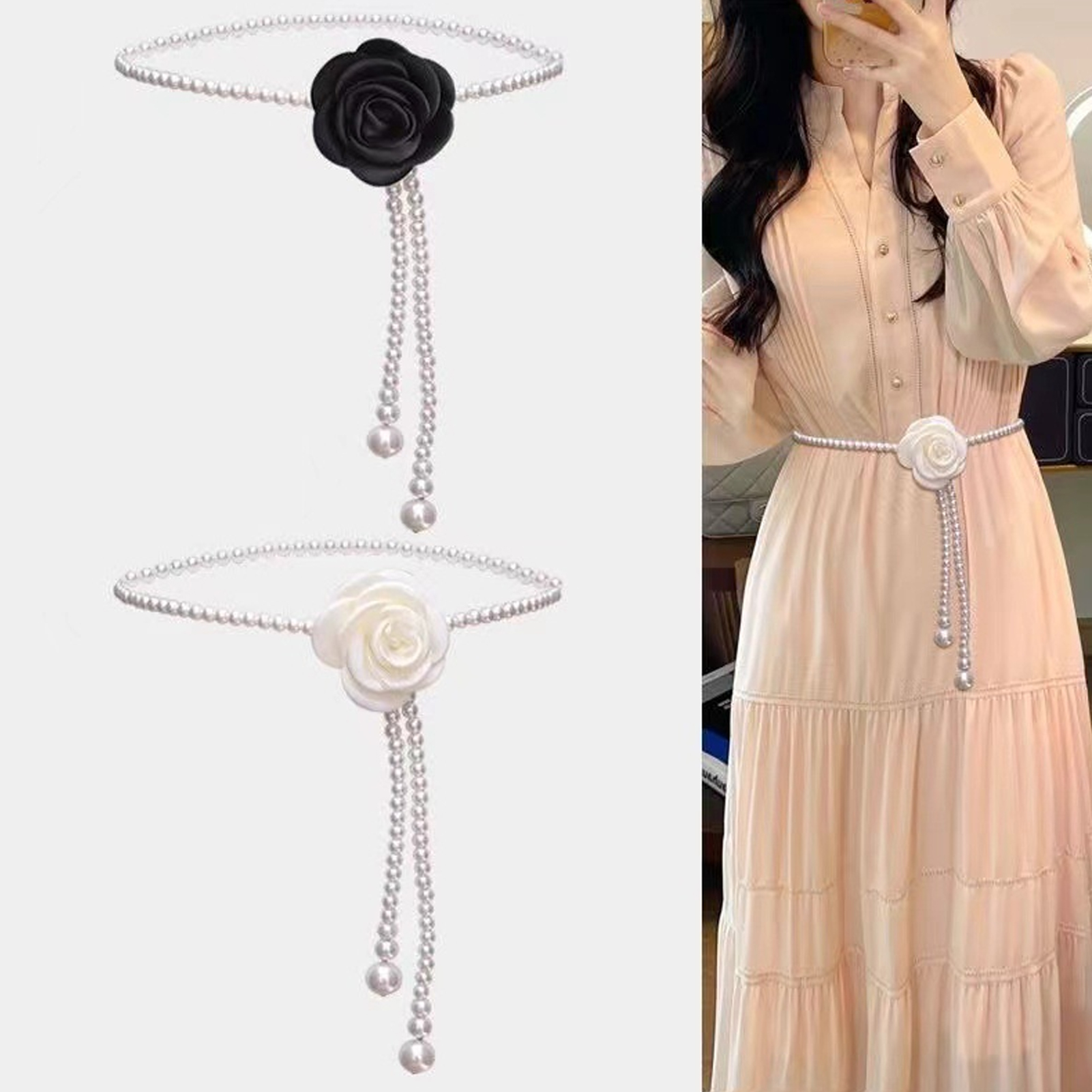 NUZYZ Women Waist Chain Camellia Decor Faux Pearl Single 
