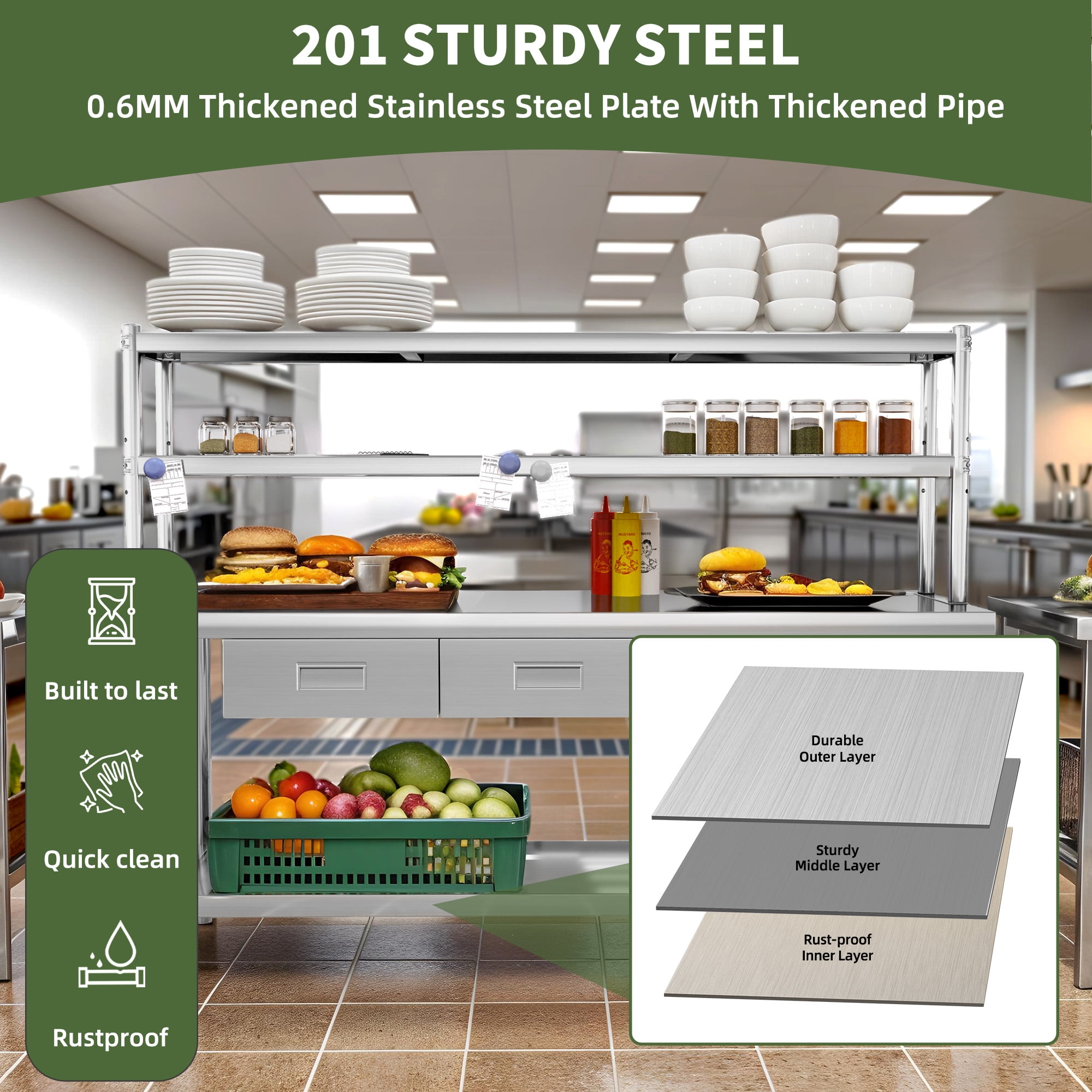 Uforic 72" X 24" Stainless Steel Work Table with Overshelves & Drawers Table for Home Kitchen Restaurant Garage Warehouse Outdoor