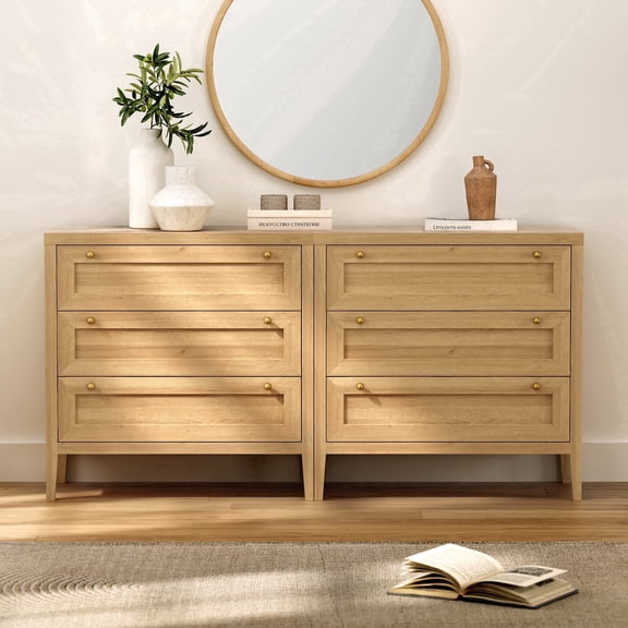 EYYTHUNG Modern Chest of Drawers Cabinet Wood with Golden Handles Set of 2, Natural Oak