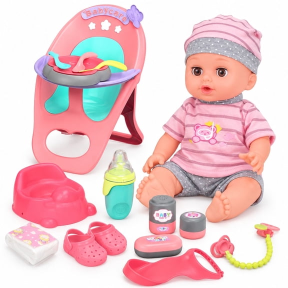 Mundo Toys 14 in Interactive Baby Doll with 12 Sounds, High Chair & Care Accessories, Ages 3
