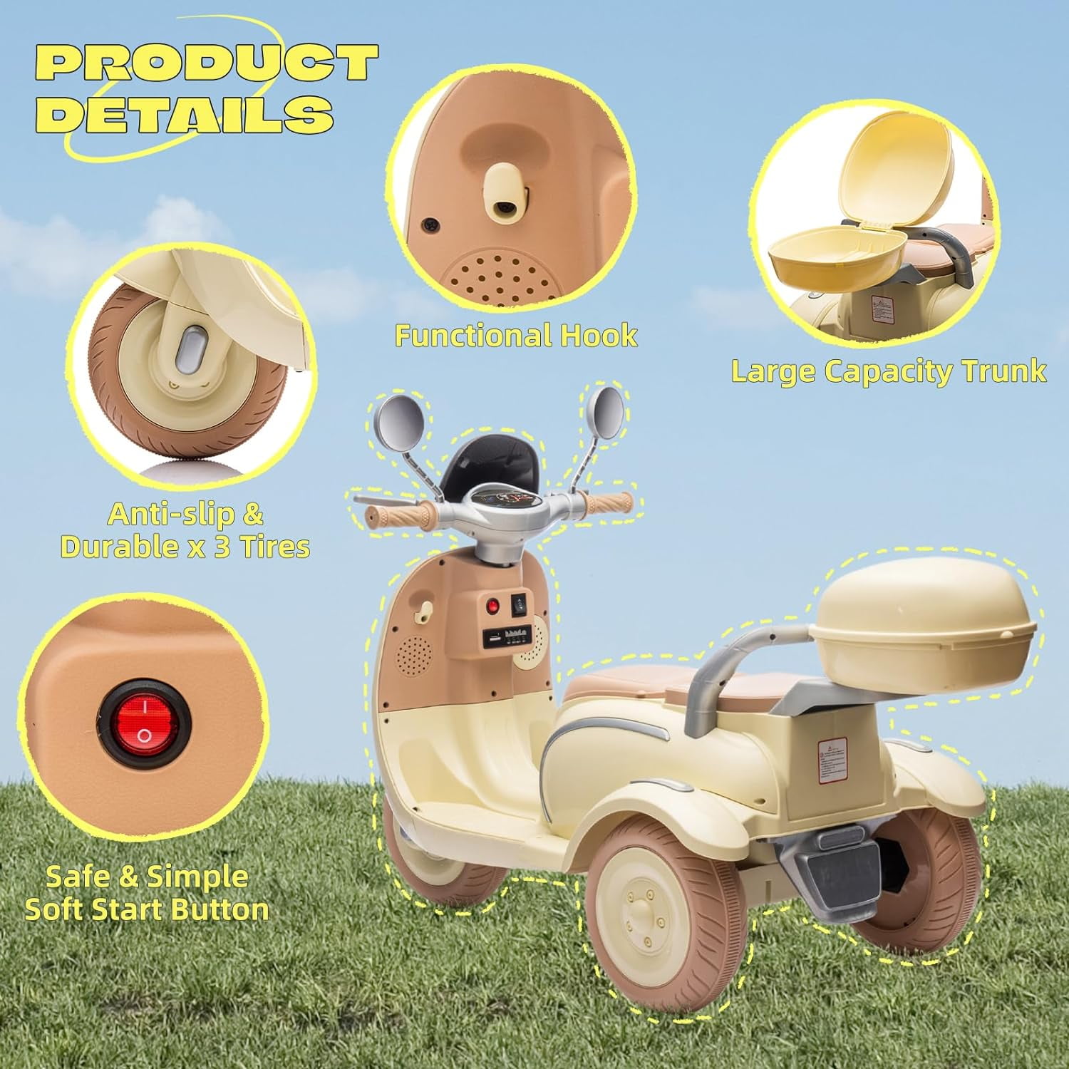 Ambifirner 12V Gift Electric Motorcycle 2-Seater w/Bluetooth, LED Lights & Parent Seat - 3-Wheel Ride-On Toy with Storage Box, Slow Start