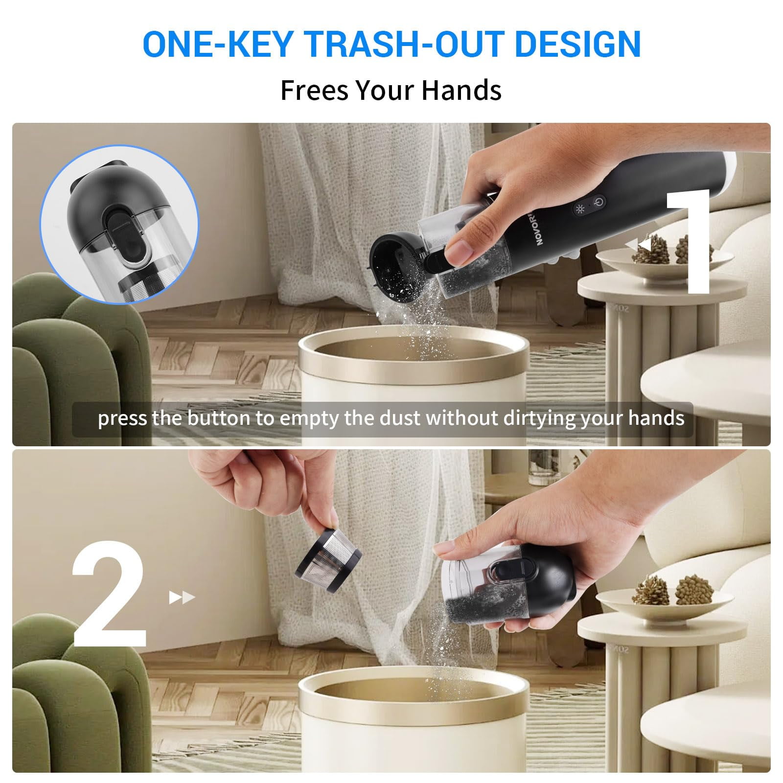 NOVORIK Cordless Handheld Vacuum Cleaner 15000Pa, Portable Car Vacuum with HEPA Filter, Rechargeable Mini Vacuum for Car, Home, Pet Hair, Wet Dry Cleaning, Blower & Inflator