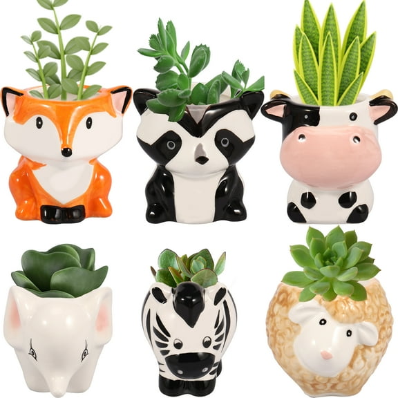 GHOJET 6Pcs Animal Ceramics Planter Ceramic Succulent Pots with Drainage Hole Cute Cartoon Animal Shaped Succulent Planter Small Plant Flower Cactus Container Set for Living Room Home Office