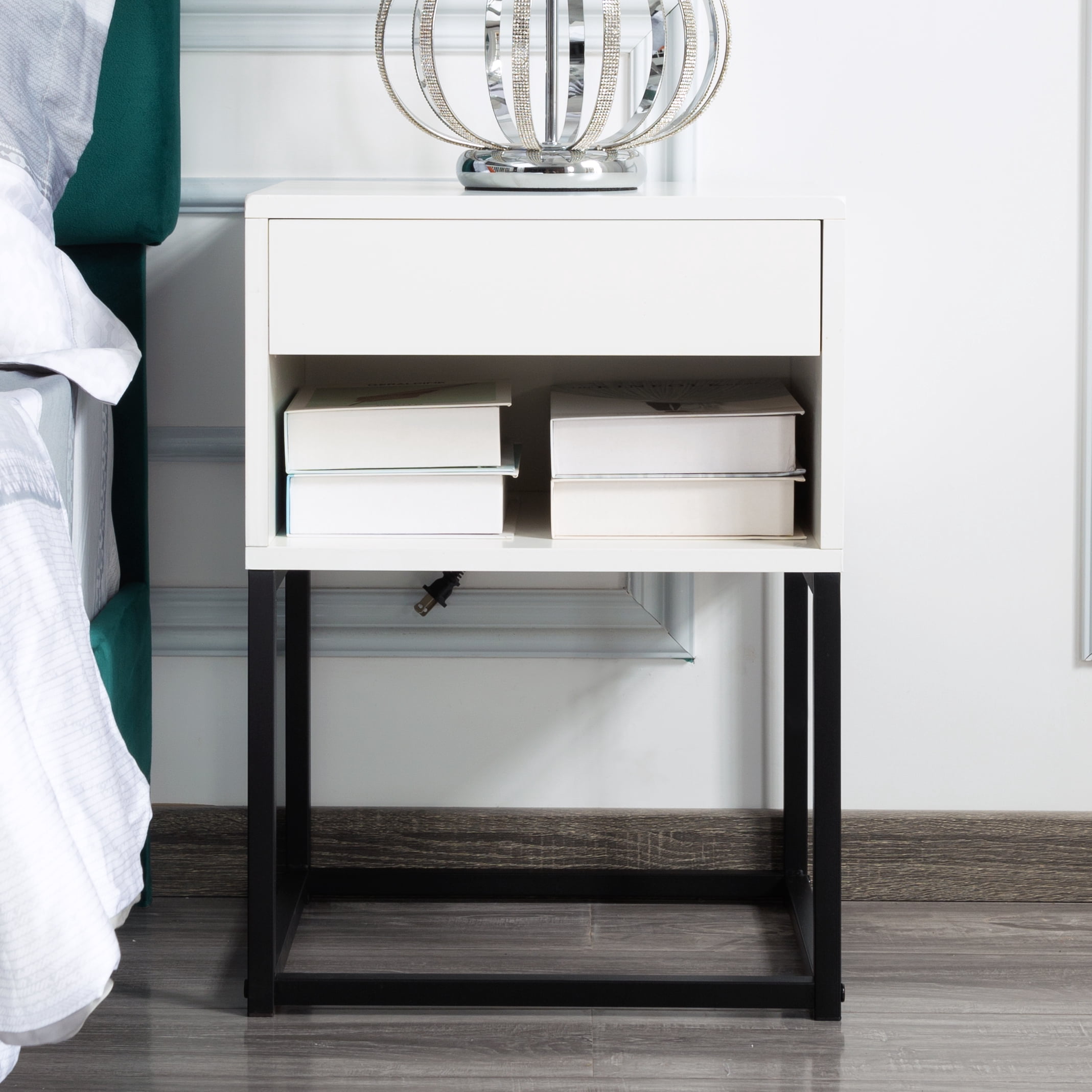 Gewnee 15.91”Nightstand with Drawer and Shelf,MDF & Metal Legs,Small Side Table for Bedroom,Living Room,Home Office,Easy Assembly.White