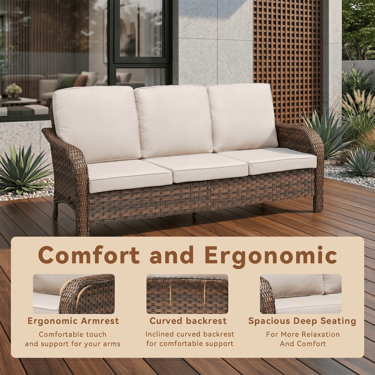 71" Outdoor Patio Sofa, 3 Seat PE Wicker Rattan Couch with Cushions, Deep Seating All Weather Outdoor Furniture, UV Resistant Waterproof Patio Couch for Backyard Garden Porch Deck, Beige