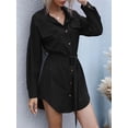 thumbnail image 5 of Womens Long Sleeve Midi Long Shirt Dress Casual Solid Button Down Curved Bottom Dresses Tops with Belt Black S, 5 of 9
