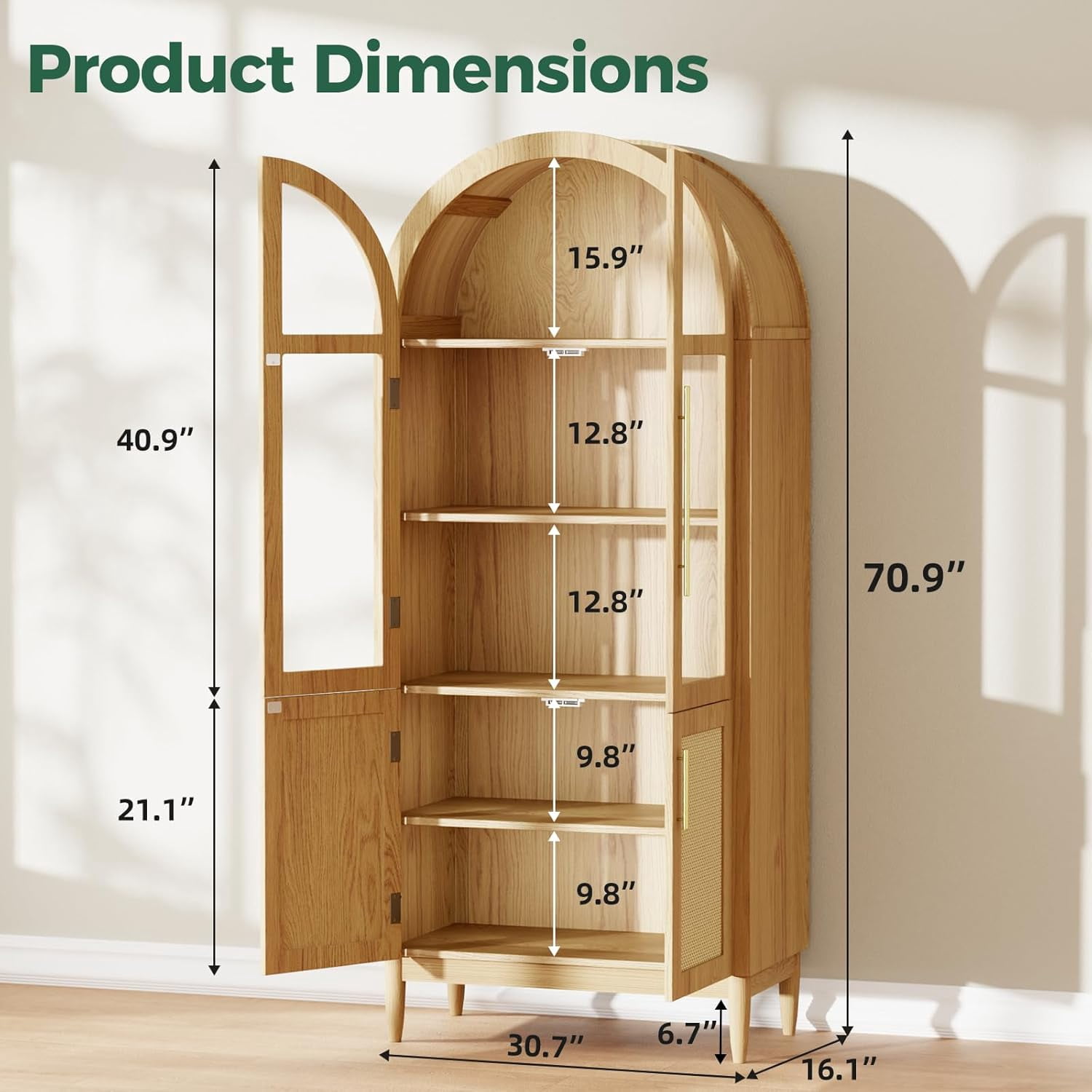 MAYEERTY 71"H Arched Accent Cabinet, Wood Kitchen Pantry Cabinets with Glass Rattan Door and Adjustable Shelf for Living Room, Dining Room, Natrual