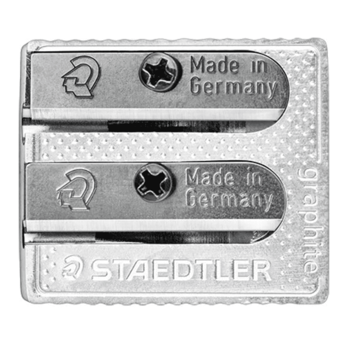 STAEDTLER 12-Pack Metal Double-Hole Pencil Sharpener - Precision 23° & 30° Angles for Standard & Colored Pencils - 3-Point Blade Design for Sharp Lines, 12 Count