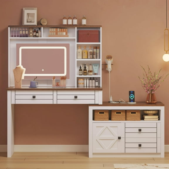 Danolapsi Vanity Mirror with Lights, Makeup Vanity Desk with 5 Drawers, 6 Open Storage Shelves, Large Extendable Dressing Table with Charging Station, Glass Top