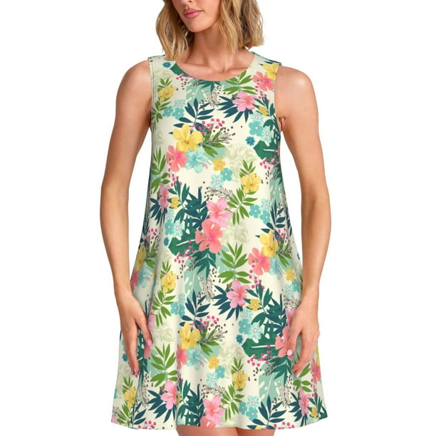 Fotbe Tropical Flowers Vestido de Verano sin Mangas para Mujer – Vestido Midi Línea A, Estilo Camiseta Floral, Vestido Playero Casual y Fluido