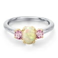 thumbnail image 3 of Gem Stone King 10K Two Tone Gold White Ethiopian Opal and Pink Lab Grown Diamond Engagement Ring for Women | 0.87 Cttw | Oval Cabochon 7X5MM | Gemstone October Birthstone | Size 7, 3 of 6