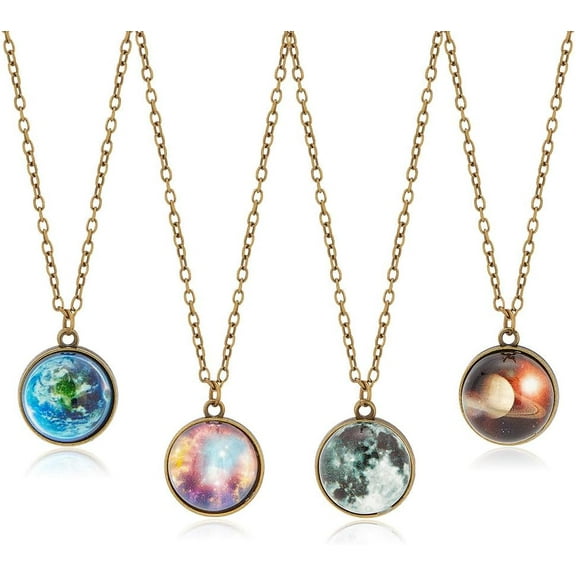 4 Pieces Galaxy Pendant Necklaces Eight Planets Necklaces Fashion Outer Space Necklace Universe Solar System Necklace Double Side Glass Ball Necklaces Birthday Gifts for Women Mixed Color