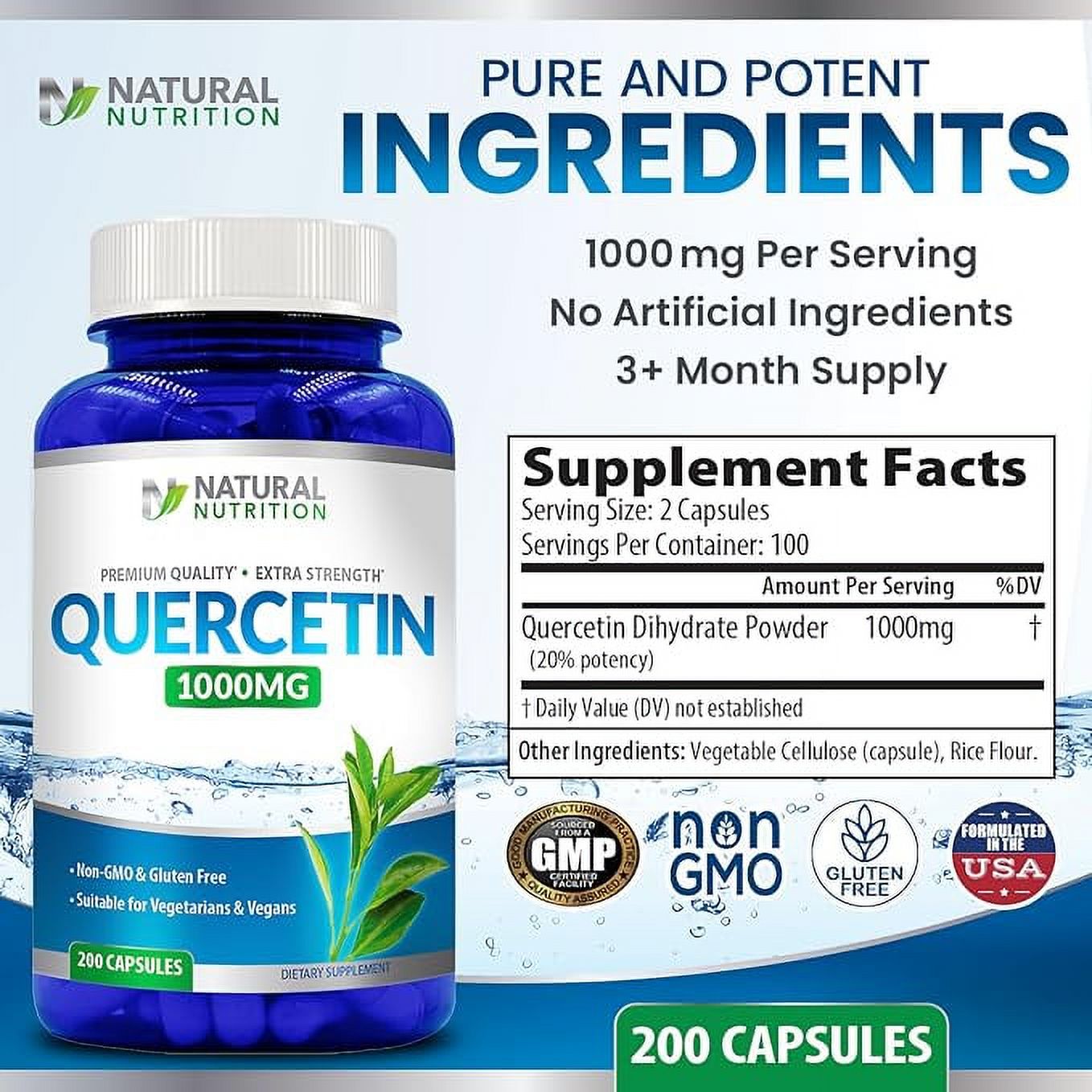 Natural Vitamin Quercetin 1000mg Extra Strength 200 Capsules (Gluten Free & Non-GMO)