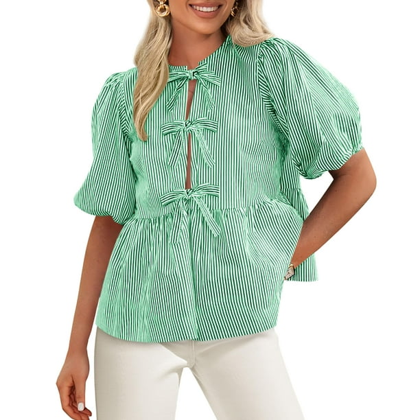 Blusa PRETTYGARDEN para mujer con lazo en la parte delantera, a rayas, verde, talla L