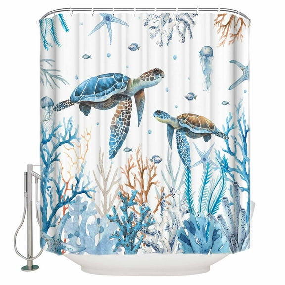 Fabric Shower Curtain, Summer Sea Turtles Marine Coral Shells Blue Patterns Shower Curtains with 12 Hooks Waterproof Machine Washable Bath Curtains for Bathroom,54 x 78in