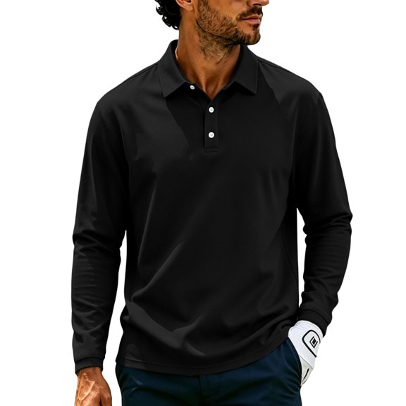 TBKOMH Men's Polo Shirts Long Sleeve Quick Dry Work Hiking Casual Collared Shirt Lightweight Breathable Active Pullover Tops for Fall Black L