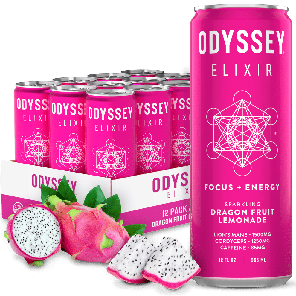 Pack of 12, Odyssey Elixir Dragon Fruit Lemonade Elixir Sparkling Energy Drink, 12 fl oz