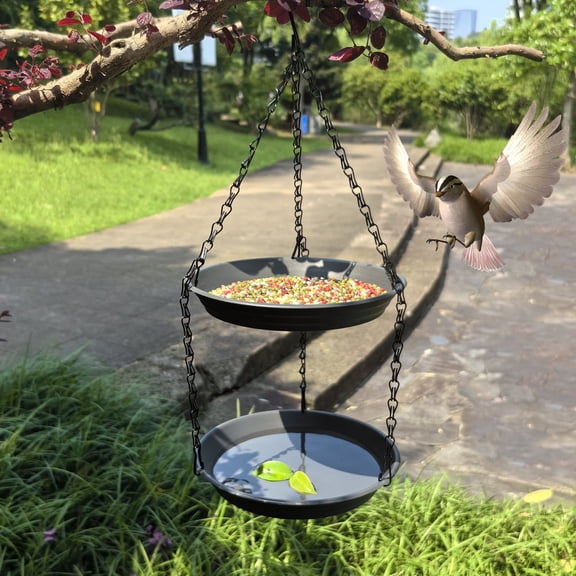 2-Tier Hanging Metal Platform Bird Feeder 20IN Dual Use Wild Bird Seed & Water Tray Outdoor Garden Backyard Bird Feeding Station for Wildlife Watching