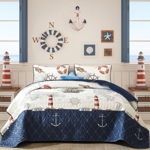 Juego de edredón tamaño king Djoymock Ocean Nautical, 264 x 229 cm