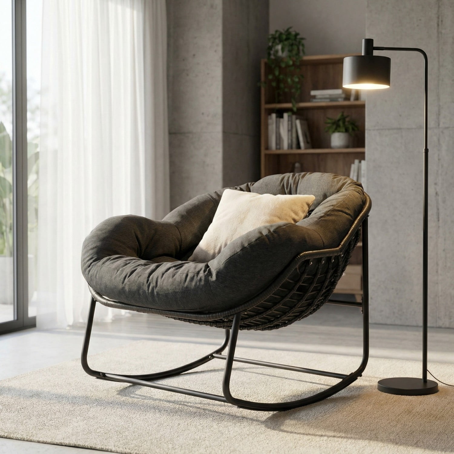 Outdoor Papasan Rocking Chair, Oversized Egg Rocking Chair with Cushion, Wicker Rattan Patio Rocker, Indoor Outdoor Lounge Chair for Porch Garden Living Room, Dark Gray