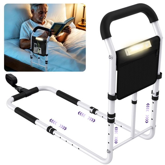 KEKOY Bed Rails for Elderly Adults, Adjustable Assist Beds Rail for Senior with Storage Bag & Light, Bed Support Steel Bar Mobility Assistant, Fix All Beds Frame