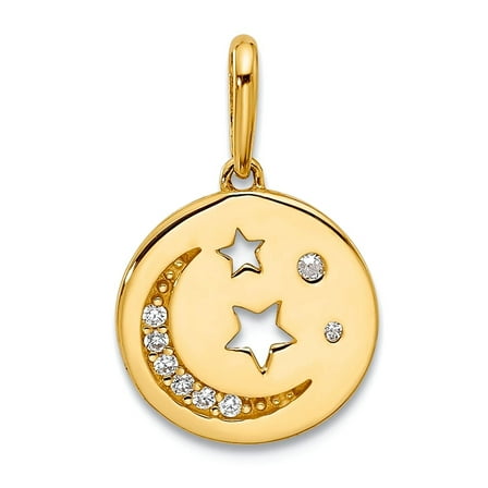 10.9mm 14k Solid Yellow Gold Polished Cubic Zirconia Celestial Moon and Stars In Disc Pendant Necklace Pendant for Women