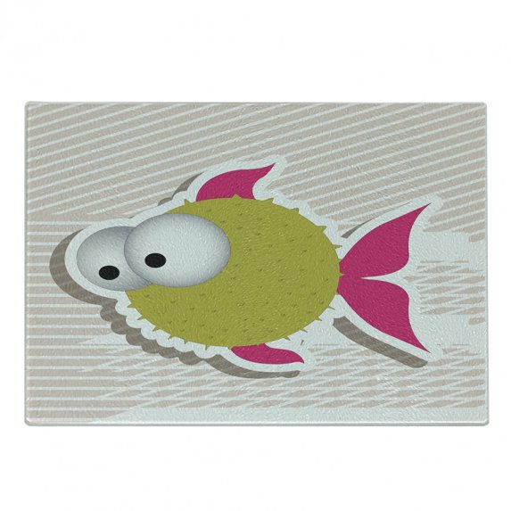 Fish Cutting Board, Comical Illustration of a Bubble Fish Abstract Blowfish with Huge Eyes Humor Print, Decorative Tempered Glass Cutting and Serving Board, Small Size, Multicolor, by Ambesonne