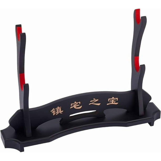Soporte de madera de 2 niveles, 39 x 26 x 10 cm, color negro. Exhibidor de samurái con caracteres chinos para katana, wakizashi y tanto.