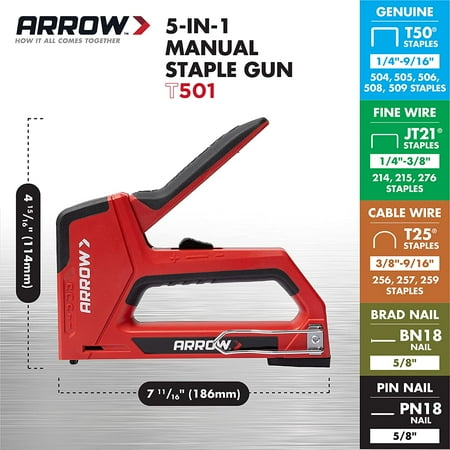 Arrow T501 5-in-1 Manual Staple and Nail Gun for Carpeting, Wiring, and Woodwork