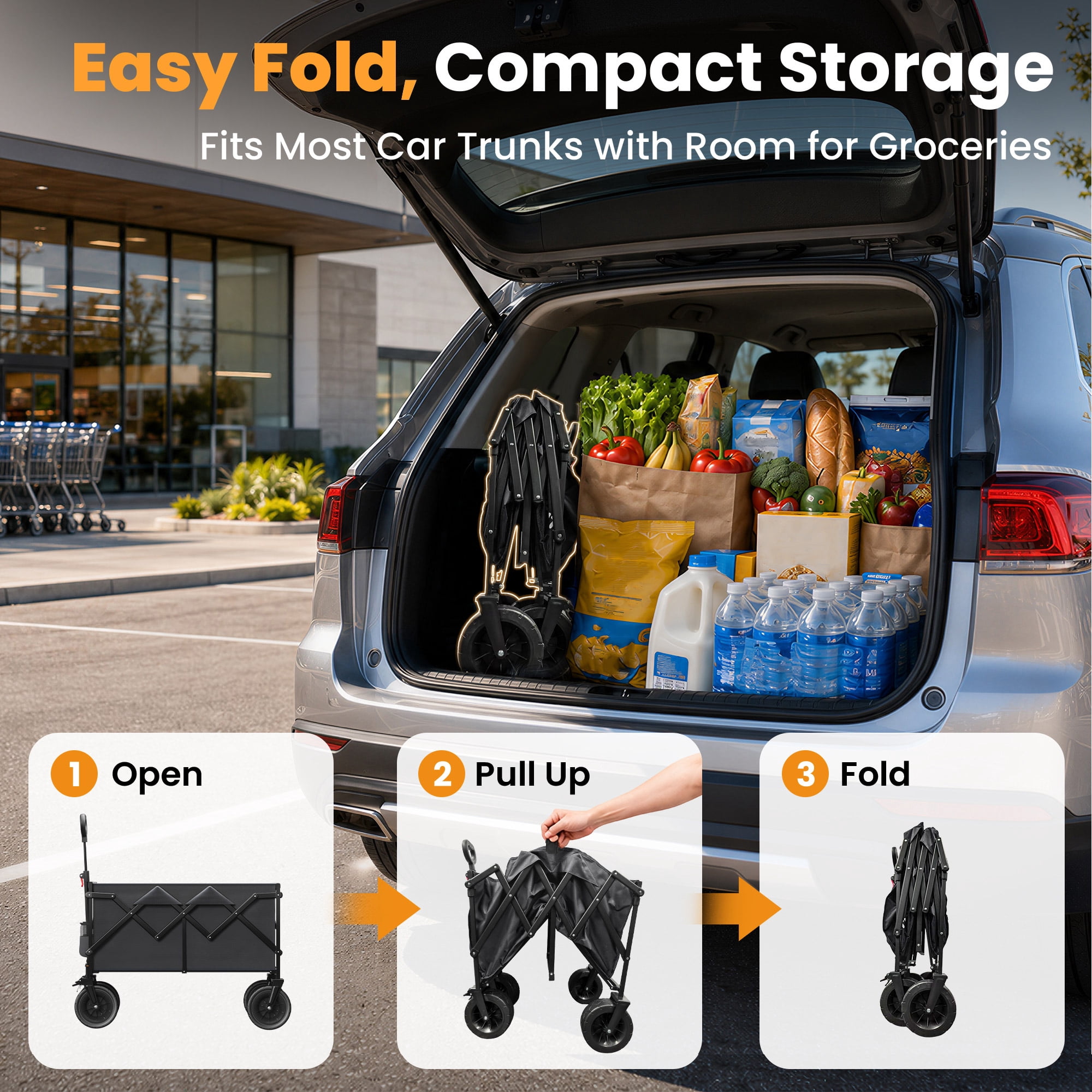 Goosiay Collapsible Wagon Cart, 580lbs Heavy Duty Utility Cart, 170L Large Capacity Folding Garden Wagon with All-Terrain Brake Wheels for Grocery, Shopping, Garden, Sports, Camping, Black