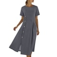 thumbnail image 2 of Xdegoge Midi Dresses for Women Loose Fit Short Sleeve Crew Neck Shift Dress Solid Color Asymmetrical Button Decor Casual Dresses Daily, 2 of 9