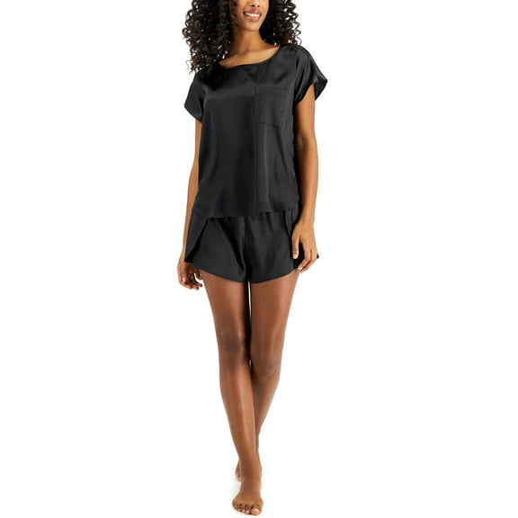 INC International Concepts Womens Satin Shorts Pajama Set Deep Black Size Medium