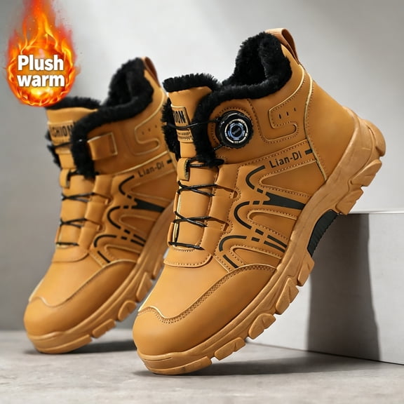 Men's High Top Winter Boots, Rotating Buckle Warm Plush Lined Outdoor Snow Shoes for Cold Weather