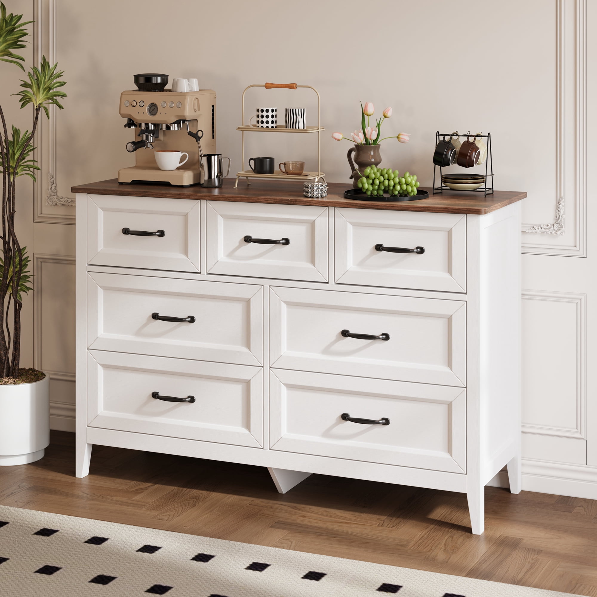 Aiho 7-Drawer Double Dresser - Modern Wood Chest with Anti-Tip Safety, Cutout Handles & Smooth Gliding Drawers, White