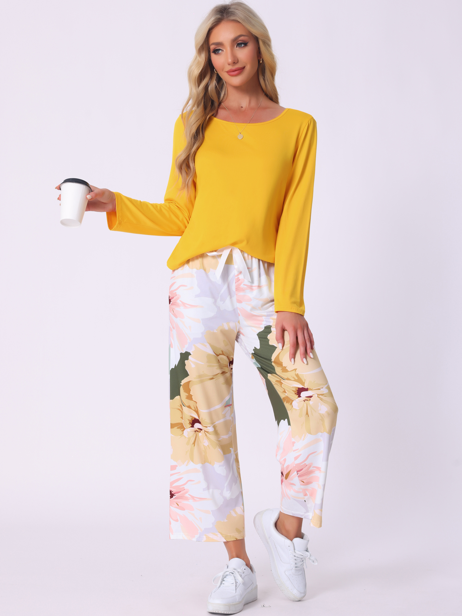 DARING DIVA Long Sleeve Floral Capri Soft Strechy Pajama Sets 2 Pieces M Yellow