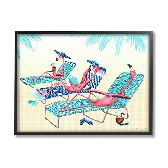 Stupell Industries Pink Flamingos Lounging Beach Chairs Tropical Scene Graphic Art Black Framed Art Print Wall Art, Design by Amelie Legault