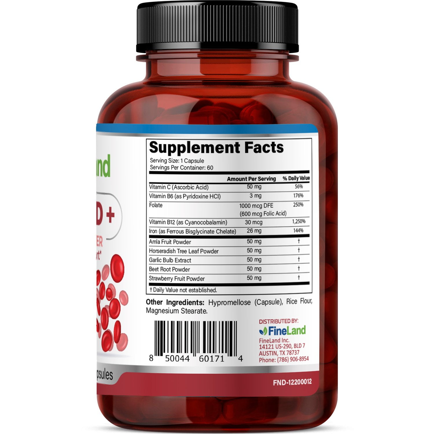 Fineland Vitamins Red Aid+ Iron Supplements Peach Flavor 60 Capsules