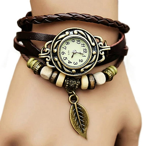KMYY Women Retro Faux Leather Bracelet Tree Leaf Decoration Quartz Wrist Watch