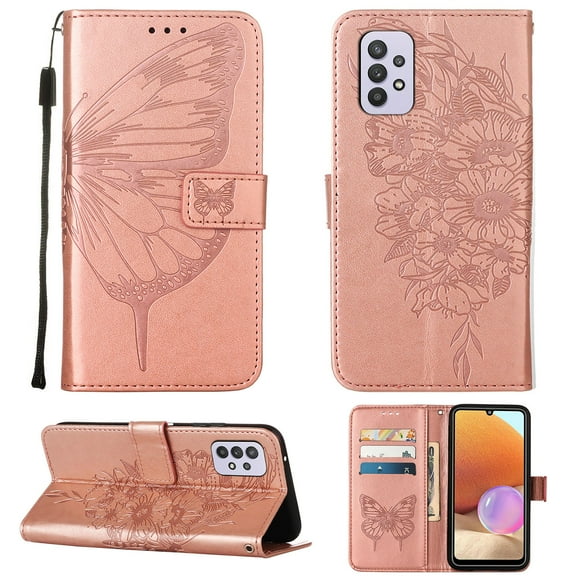Dteck Samsung A32 Case 5G, Butterfly Patterned Wallet Case, Magnetic Hand Strap Credit Card Holder Slots Synthetic Leather Kickstand Protective Cover For Samsung Galaxy A32 5G, Rosegold